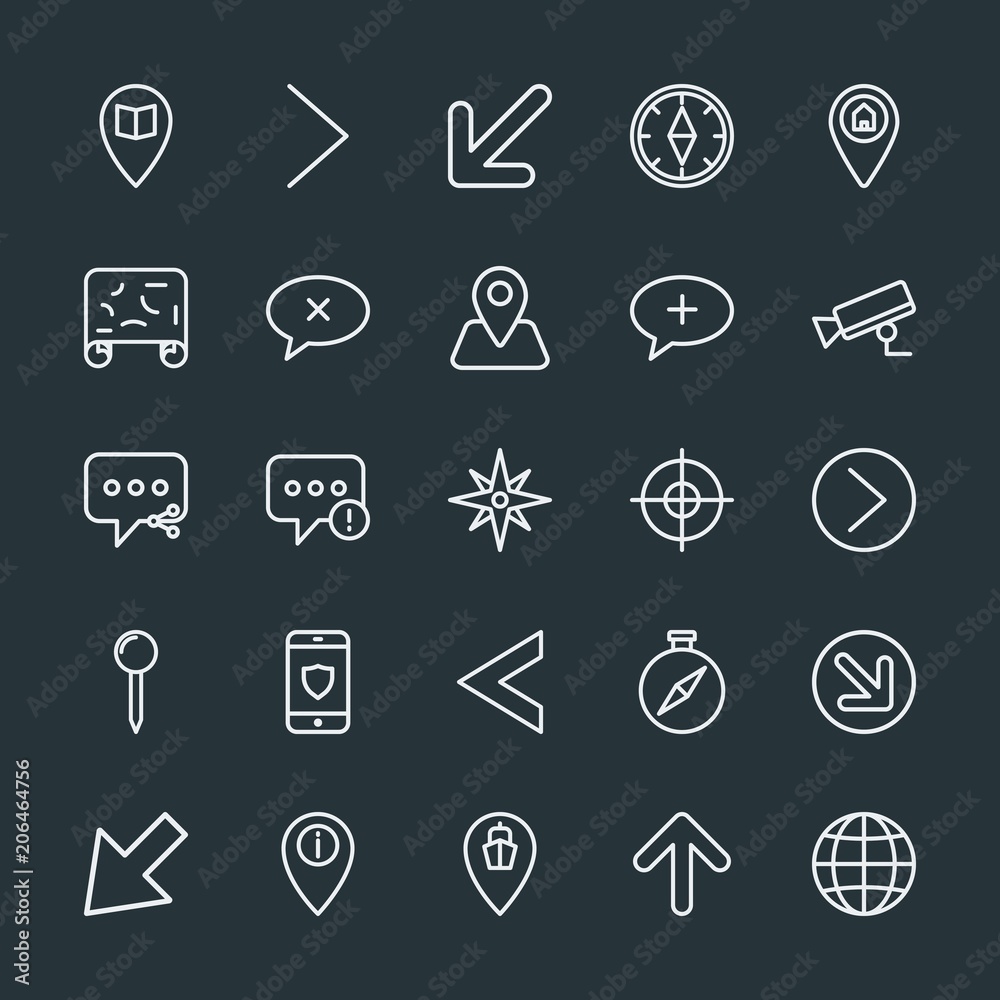 Modern Simple Set of location, arrows, chat and messenger, security Vector outline Icons. Contains such Icons as world, error, sign, arrow and more on dark background. Fully Editable. Pixel Perfect. Modern Simple Set of location, arrows, chat and messenger, security Vector outline Icons. Contains such Icons as world, error, sign, arrow and more on dark background. Fully Editable. Pixel Perfect.