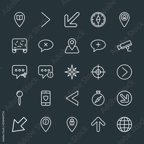 Modern Simple Set of location, arrows, chat and messenger, security Vector outline Icons. Contains such Icons as  world, error,  sign, arrow and more on dark background. Fully Editable. Pixel Perfect.