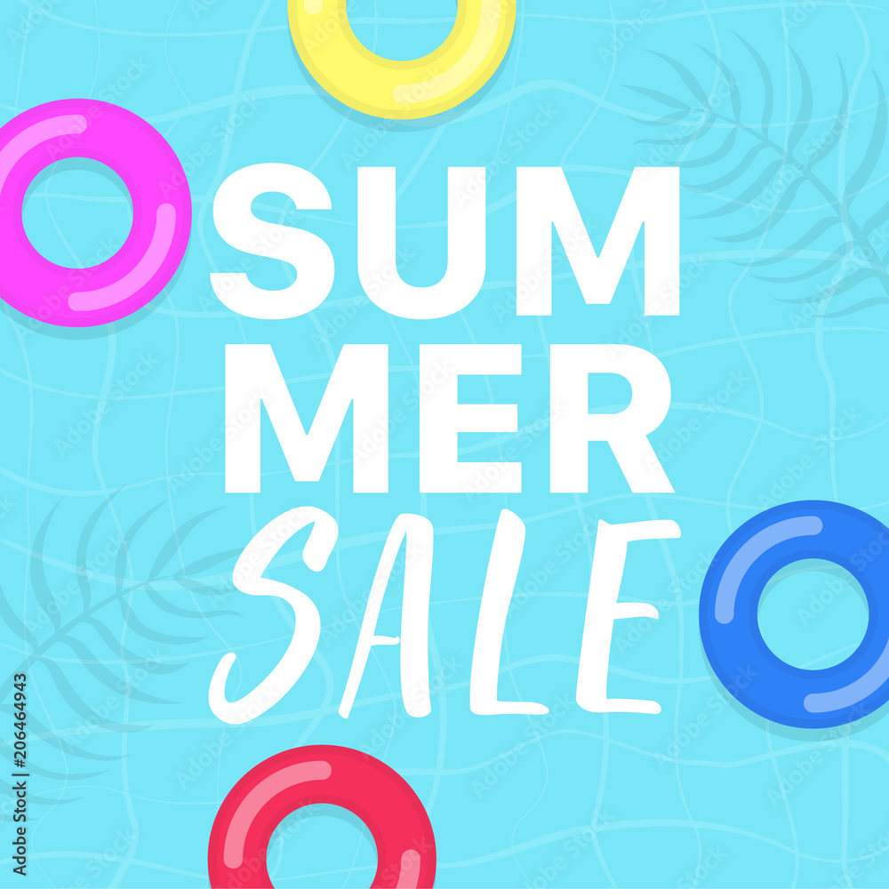 Summer SALE banner with swimming pool , palm leaves and inflatable rings on background. Summer SALE banner with swimming pool , palm leaves and inflatable rings on background.
