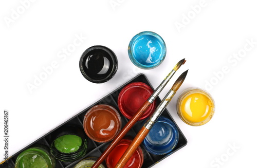 Watercolor bottle pallet and paintbrush set for painting, isolated on white background