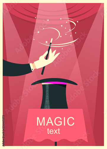 Magician hand with magic hat and wand