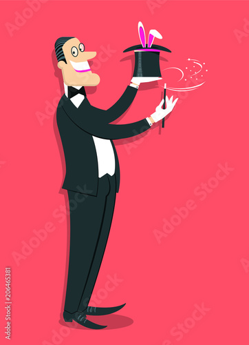 Magician doing a trick with Magic wand and white rabbit