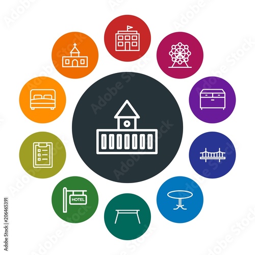 buildings, furniture, housekeeping Infographic Colorful outline Icons Set. Contains such Icons as table, discussion, eye, room, hotel, london, checklist and more. Fully Editable. Pixel Perfect