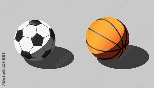 Vector isometric illustration of soccer and basketball balls