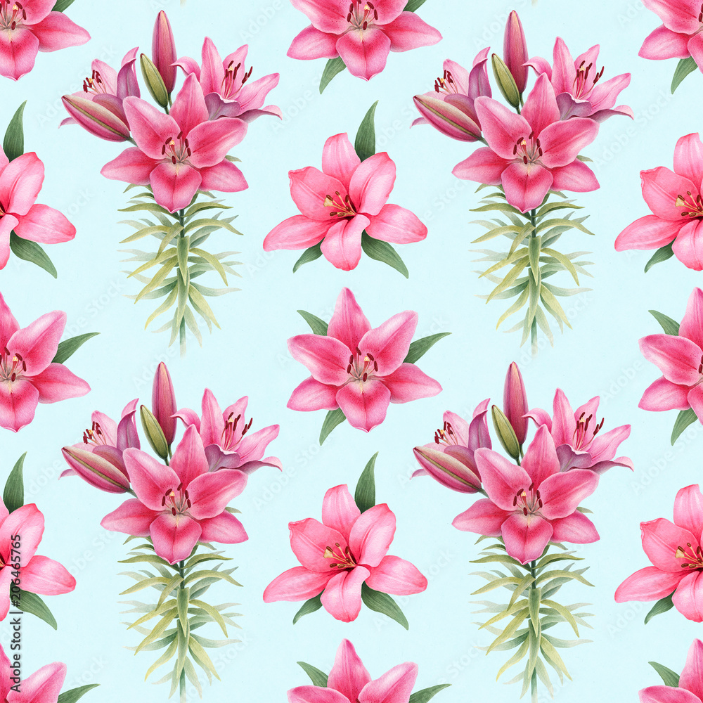 Watercolor illustrations of lily flowers. Seamless pattern