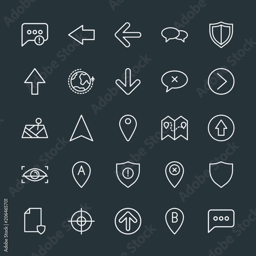 Modern Simple Set of location, arrows, chat and messenger, security Vector outline Icons. Contains such Icons as road, data, up, shield and more on dark background. Fully Editable. Pixel Perfect.