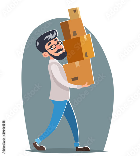 Office relocation box cargo freight loading delivery shipment male hipster character cartoon design template vector illustration