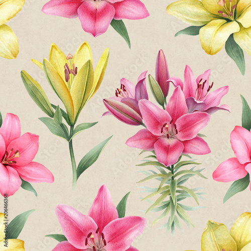 Watercolor illustrations of lily flowers. Seamless pattern