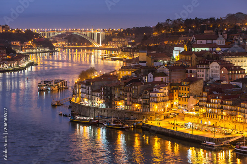 Porto old city skyline from the ponte Dom Luiz bridge at night