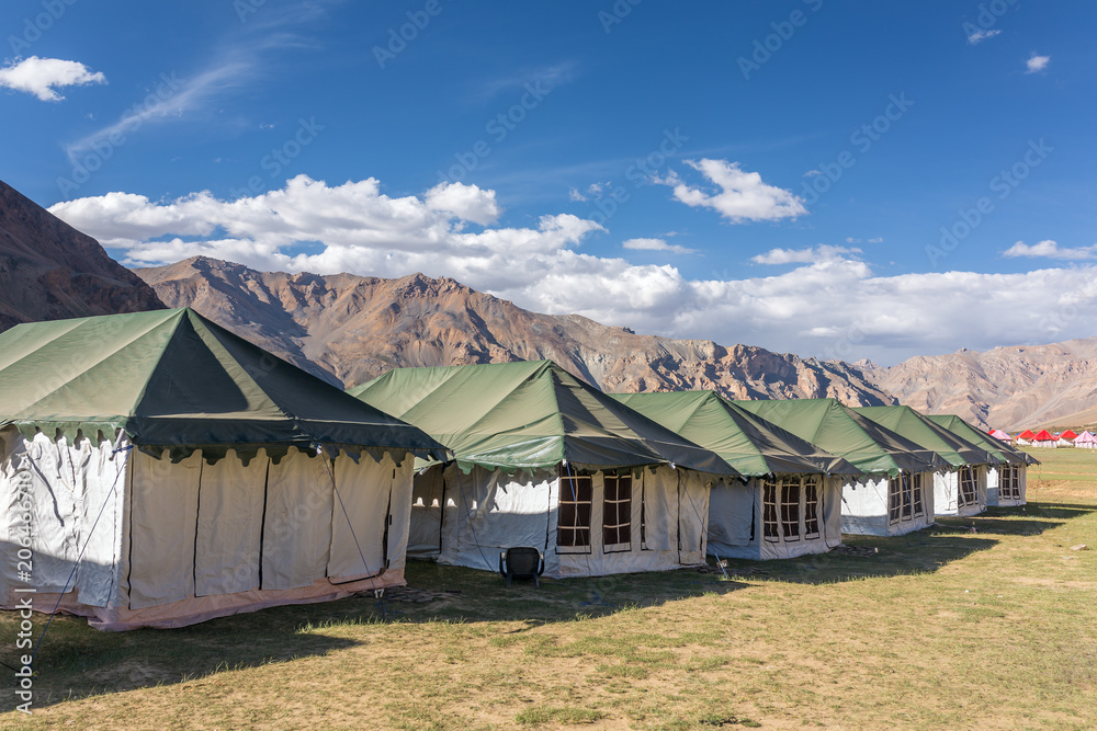 Sarchu camping tents at the Leh - Manali Highway in Ladakh region
