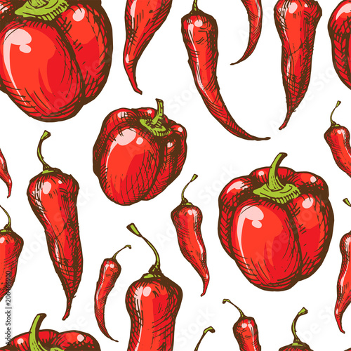 Rustic kitchen seamless pattern with spicy peppers