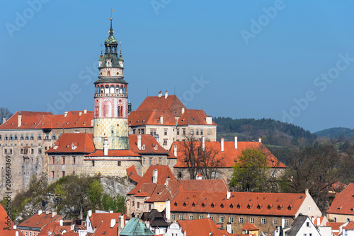 Panoramic beautiful view of historical center in Cesky Krumlov, Czech republic.