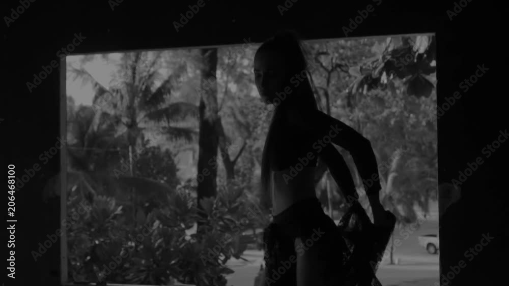 Beautiful woman playing with lace fabric. Sensual girl dancing in abandoned building - black and white video in slow motion Beautiful woman playing with lace fabric. Sensual girl dancing in abandoned building - black and white video in slow motion