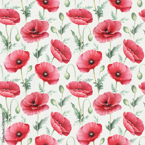 Watercolor illustrations of poppy flowers. Seamless pattern