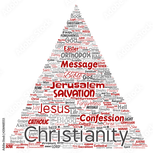 Vector conceptual christianity, jesus, bible, testament triangle arrow red  word cloud isolated background. Collage of teachings, salvation resurrection, heaven, confession, forgiveness, love concept