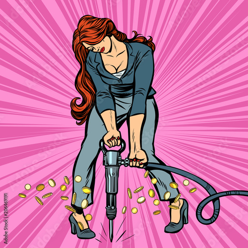 businesswoman jackhammer gold money coins