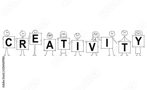 Cartoon stick man drawing conceptual illustration of businessmen and businesswomen holding signs with creativity text. Business concept of solution and innovation .