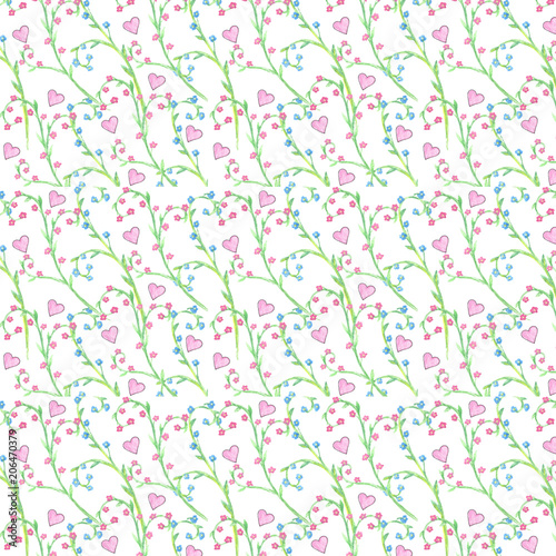 Hearts and floral watercolor seamlless pattern on white background