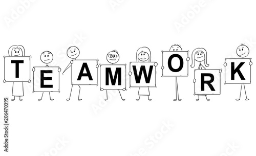 Cartoon stick man drawing conceptual illustration of businessmen and businesswomen holding signs with teamwork text. Business concept of communication and leadership .