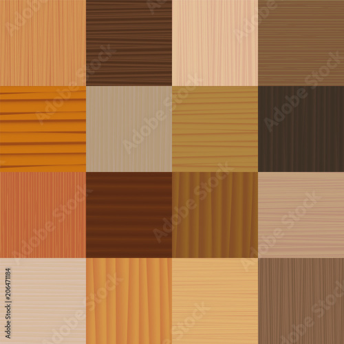 Parquet floor. Different types of wood, glazes, textures, patterns - vector illustration of flooring samples - seamless extension of wooden checkerboard segments in all directions possible.