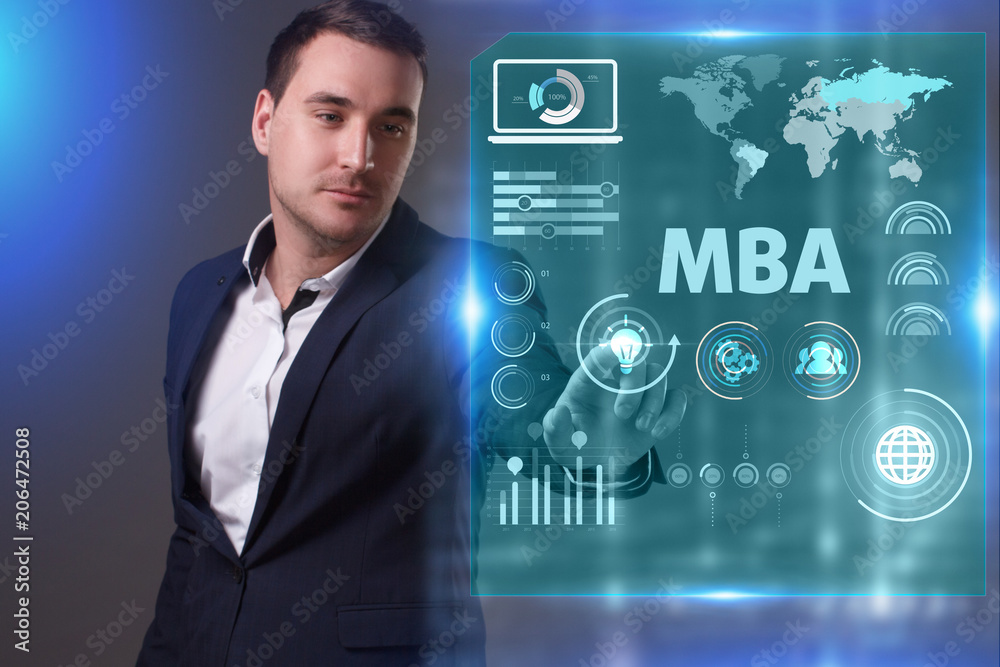 Business, Technology, Internet and network concept. Young businessman working on a virtual screen of the future and sees the inscription: MBA Business, Technology, Internet and network concept. Young businessman working on a virtual screen of the future and sees the inscription: MBA