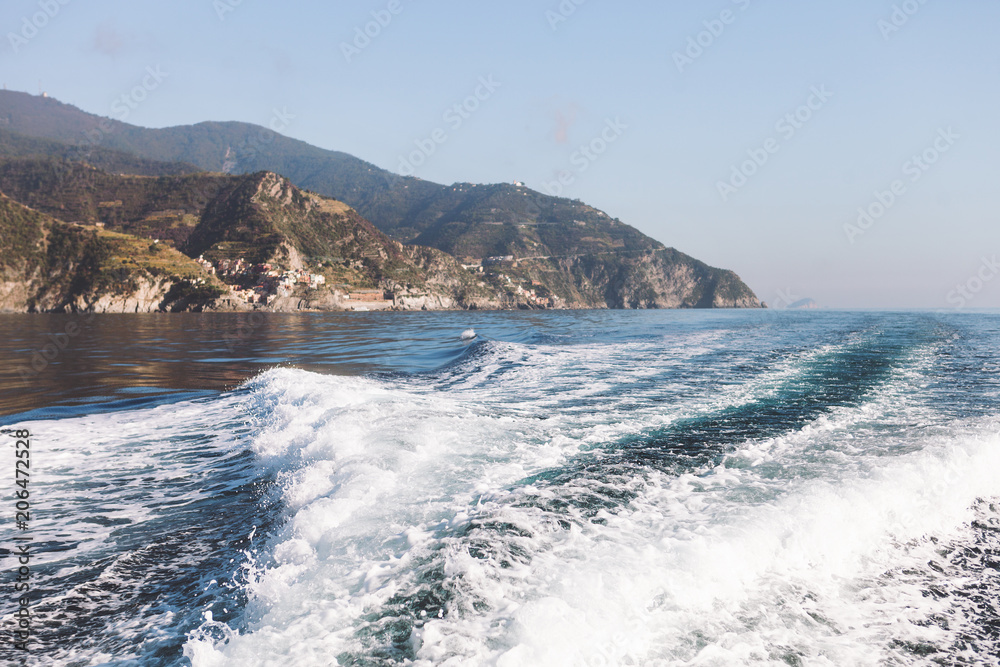 Sea and mountain views from the yacht. Cinque Terre, Italy, Ligurian Sea