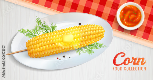 Realistic Corn On Plate Illustration