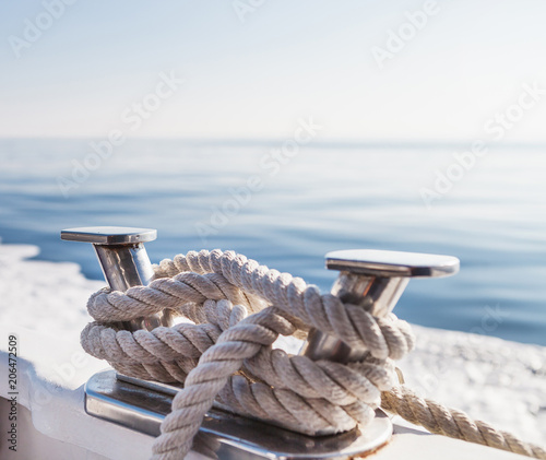 Ship's ropes on the yacht in Ligurian Sea, Italy. Close Up © yatcenko