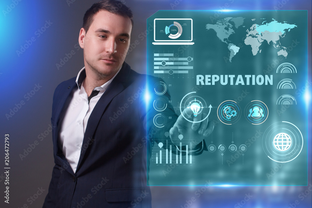 Business, Technology, Internet and network concept. Young businessman working on a virtual screen of the future and sees the inscription: Reputation Business, Technology, Internet and network concept. Young businessman working on a virtual screen of the future and sees the inscription: Reputation