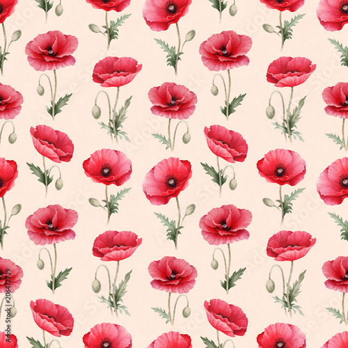 Watercolor illustrations of poppy flowers. Seamless pattern