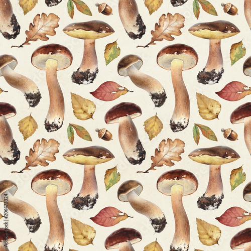 Watercolor illustrations of boletus mushrooms. Seamless pattern