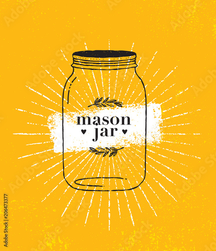 Mason Jar Organic Illustration On Rough Paper Bright Background. Summer Menu Vector Design Concept