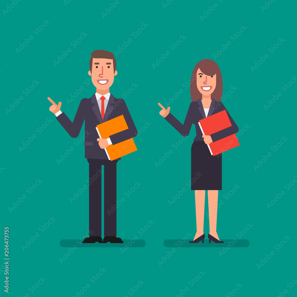 Business woman and businessman holding folder and point finger. Business concept. Business woman and businessman holding folder and point finger. Business concept.