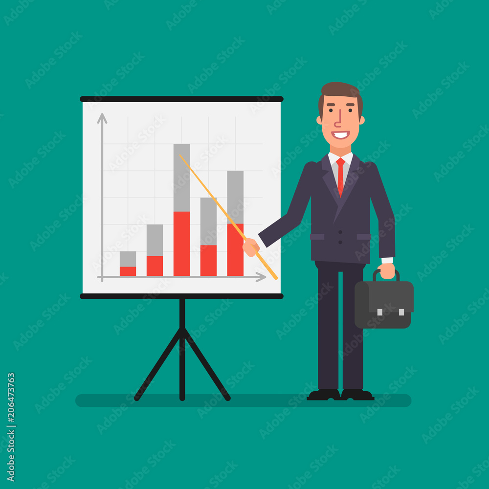 Businessman holding suitcase stands near flip chart with charts and holds pointer. Business concept. Businessman holding suitcase stands near flip chart with charts and holds pointer. Business concept.