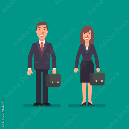 Business woman and businessman holding suitcases and smile. Business concept. © yuriytsirkunov