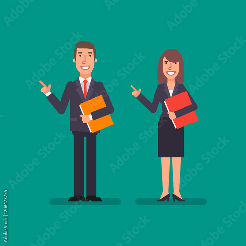 Business woman and businessman holding folder and point finger. Business concept.