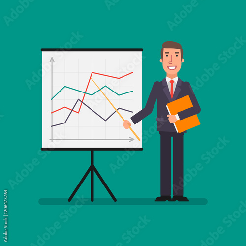 Businessman holding folder stands near flip chart with charts and holds pointer. Business concept.
