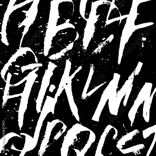 Futuristic Calligraphy Alphabetic Background. Black and White colors. Latin Alphabet Letters Handpainted by Colapen and Drawing Pen Equipment. Blackboard with Chalk for Poster and Prints Design