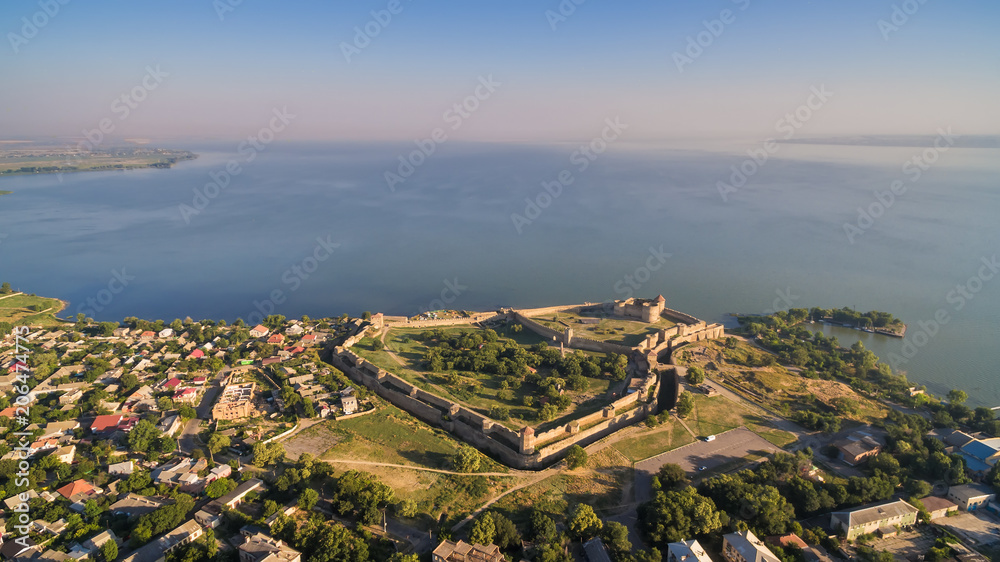 Aerial view on ancient fortress Akkerman and on the Dniester estuary, in Odessa region.