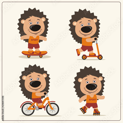Set of isolated funny hedgehog on bike, skateboard, scooter and roller skates.