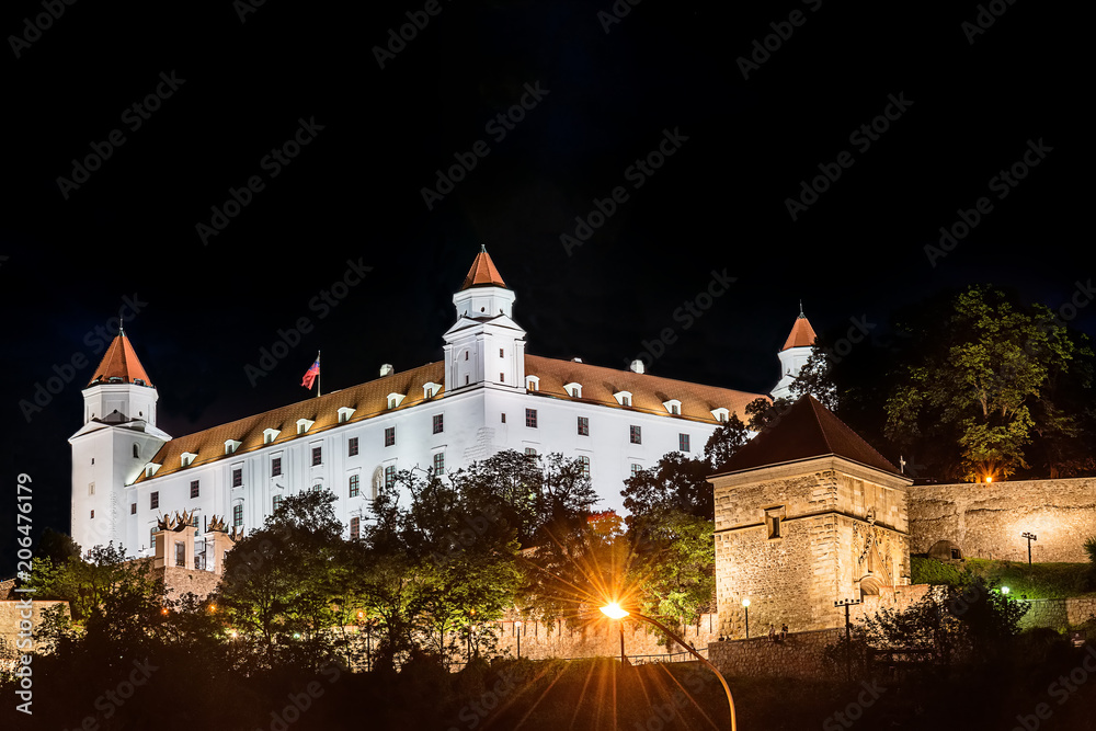 Bratislava, Slovakia May 23, 2018: Bratislava Castle or Bratislavsky Hrad is the main castle of Bratislava, capital of Slovakia by night. Bratislava Castle is located on rocky hill.