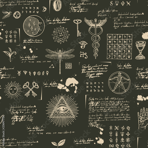 Vector seamless background on the theme of mysticism, magic, religion and the occultism with various esoteric and masonic symbols. Medieval manuscript with sketches, blots and spots in retro style