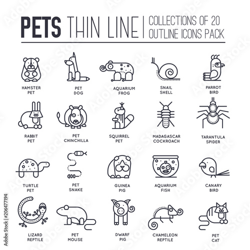 Animal flat thin line illustration icons set. Outline cute home pets on isolated background. Different collection domestic wildlife objects concept design