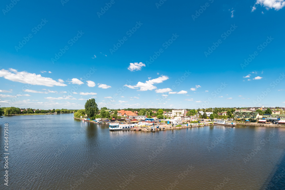  aerial view of the river port in sunny summer day