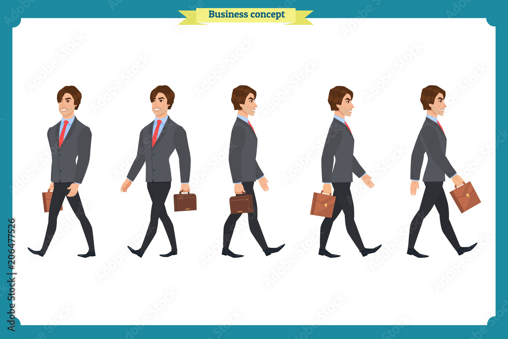 Collection set of Walking and running businessman. Walk, run, active. Variety of movements. Flat Character man cartoon style, Side view, haft front view,Vector design isolated vector. Collection set of Walking and running businessman. Walk, run, active. Variety of movements. Flat Character man cartoon style, Side view, haft front view,Vector design isolated vector.