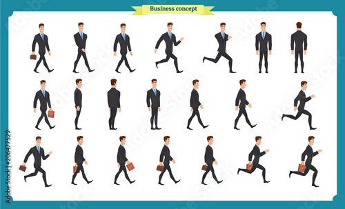 Collection set of Walking and running businessman. Walk  run  active. Variety of movements. Flat Character man cartoon style  Side view  haft front view Vector design isolated vector.