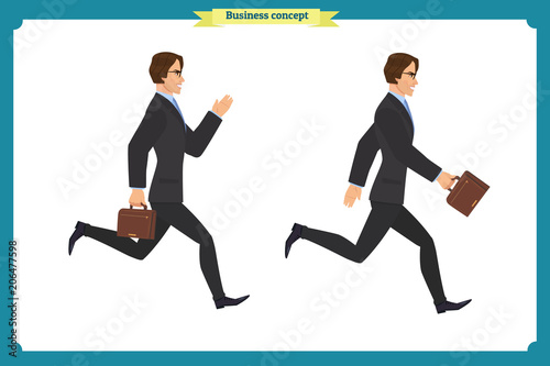 Collection set of Walking and running businessman. Walk, run, active. Variety of movements. Flat Character man cartoon style, Side view, haft front view,Vector design isolated vector. © Dmytro