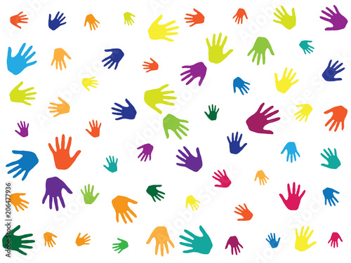 Hands, palms isolated on white vector background graphic design. Rainbow colors handprints - symbols of friendship, teamwork, cooperation and partnership. Cartoon children hands prints in paint.