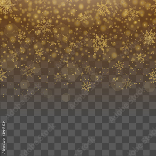 Falling gold snow flakes on transparent background. Vector.