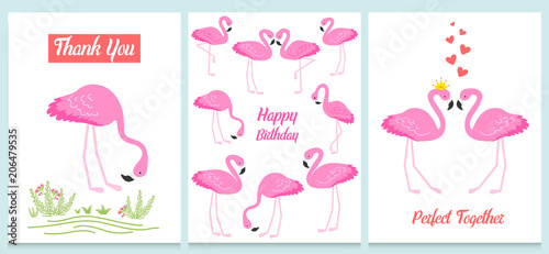 Flamingo or tropical birds illustration for party card. Summer exotic background. Vintage cute banner or spring holiday set.